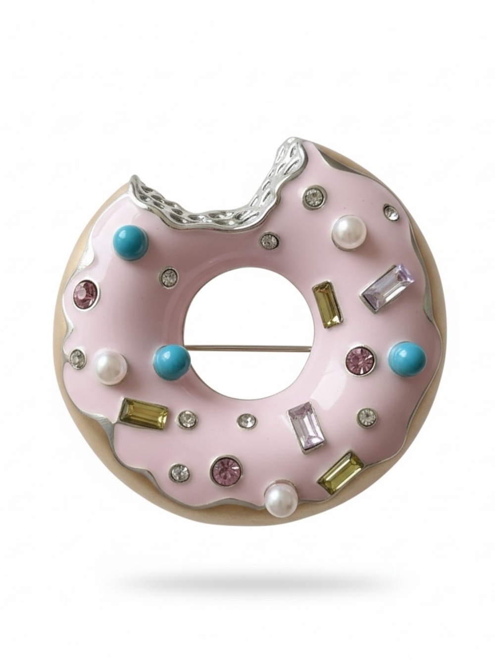 Napier Vintage Pink Enamel Biten’ Donut Brooch with Multicolor Gem Accents